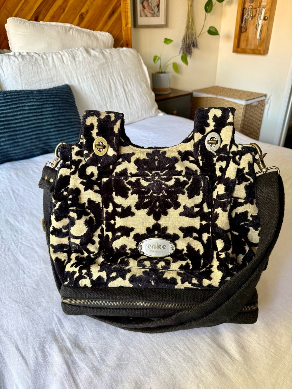 Cake By Petunia Diaper Bag In Black And Cream Plush Damask